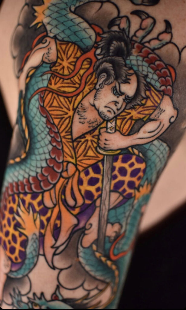 Japanese Traditional tattoo with samurai and snake