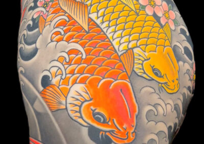 Japanese traditional tattoo of orange and yellow koi in water