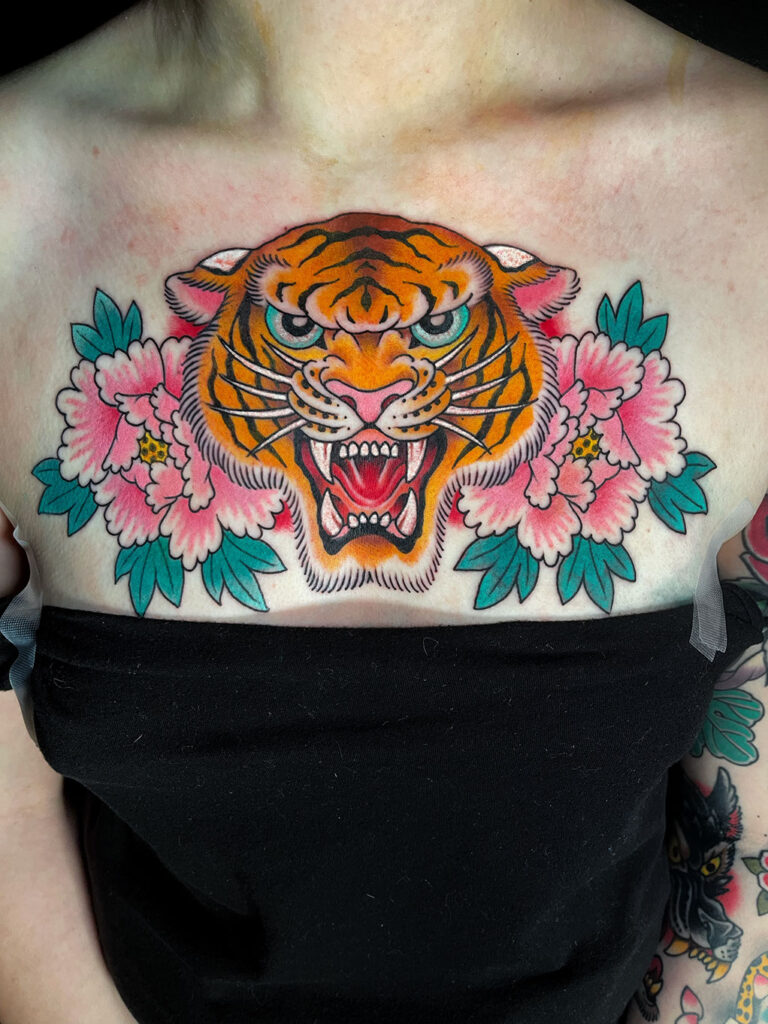 Japanese Traditional tiger on chest with pink peony tattoo 