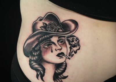 American traditional cowgirl in black gray
