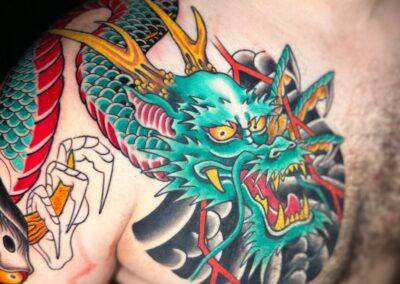 Japanese traditional green dragon head on chest panel