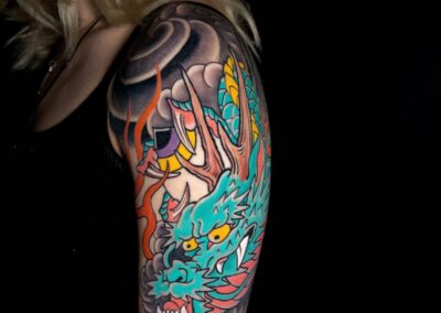 Japanese traditional green dragon half sleeve tattoo