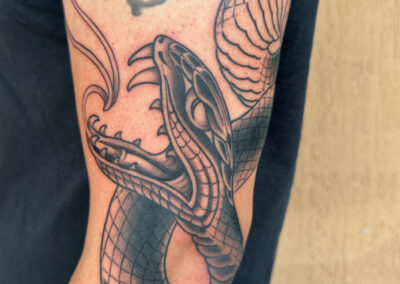 Japanese traditional black and gray open mouth snake tattoo