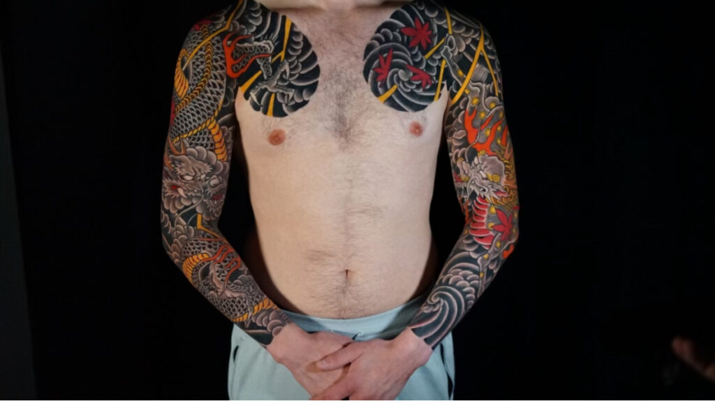 Traditional Japanese double sleeve dragon and Kirin tattoo